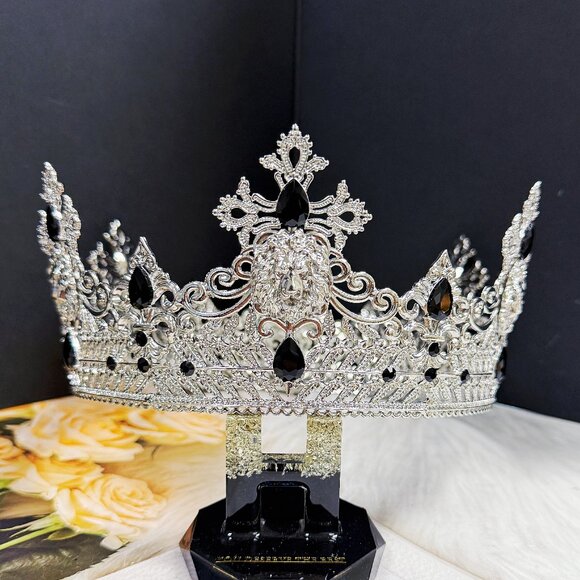 Silver Lion King Crown, Prince Wedding Headpiece, Black Crystal Crown for Groom